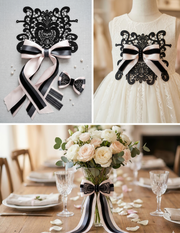Noire Épure — Blush Structured Lace Set – Blush Satin, Black Textured & Grey Layered Ribbons with Floral Lace Applique for Wedding Decor, Dress Styling & Gift Wrapping