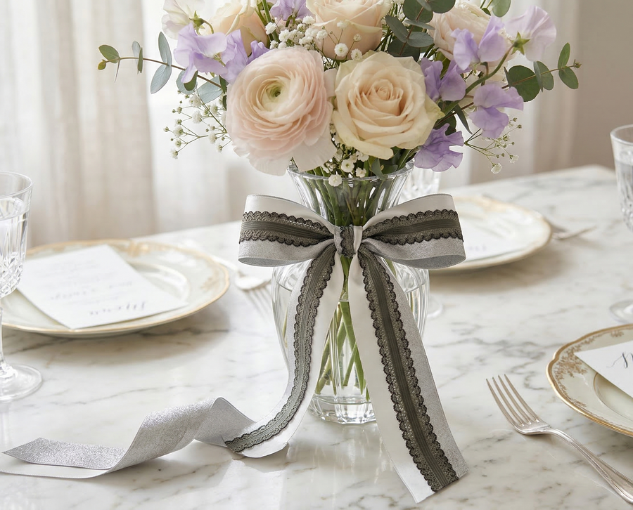Layered Satin Ribbon Set with Decorative Trim in Silver and Ivory – Refined Styling Detail