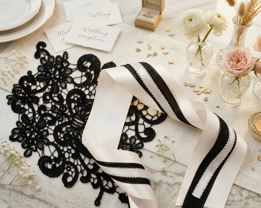 Vintage Lace & Satin Ribbon Set – Elegant Black Applique & Luxury Bow Making Kit for Weddings, Dresses & Gifts