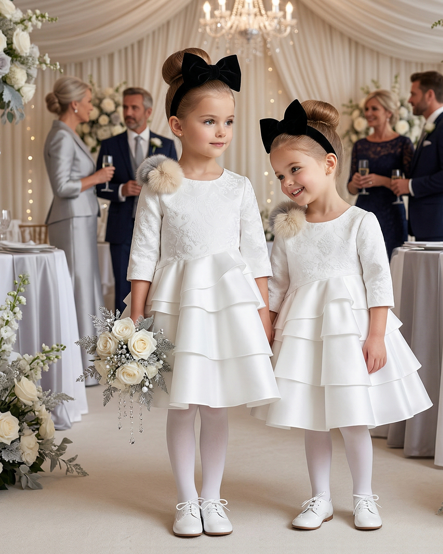 Vintage Flower Girl Dress – Girls White Jacquard Satin Dress with Layered Tulle for Wedding & Special Occasions (Ages 2–10)