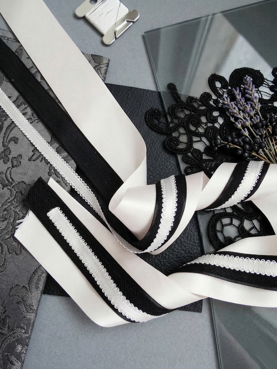 Vintage Lace & Satin Ribbon Set – Elegant Black Applique & Luxury Bow Making Kit for Weddings, Dresses & Gifts