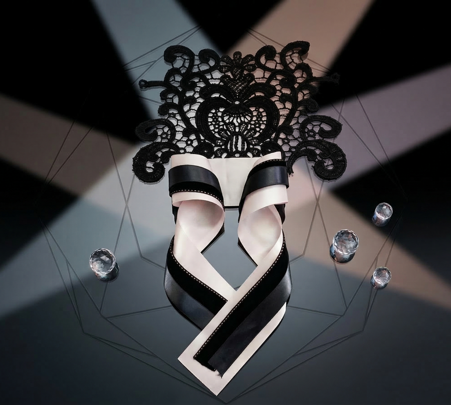 Noire Épure — Blush Structured Lace Set – Blush Satin, Black Textured & Grey Layered Ribbons with Floral Lace Applique for Wedding Decor, Dress Styling & Gift Wrapping