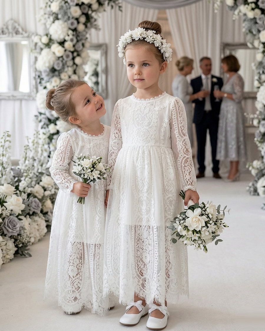 Girls Long White Lace Fairy Dress (2–4 Years) | Vintage Flower Girl & Princess Occasion Gown