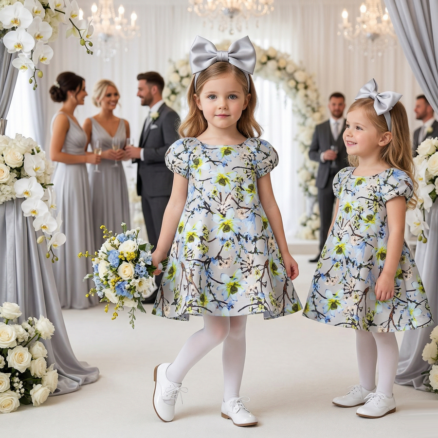 Girls Puff Sleeve Floral A-Line Dress (1–9 Years) | Vintage Princess Party & Occasion Dress