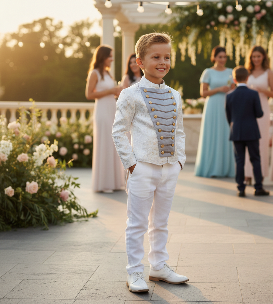 Luxury Boys Brocade Tailcoat Suit – Silver Page Boy Tuxedo Set for Wedding & Formal Occasions (Ages 6–14)