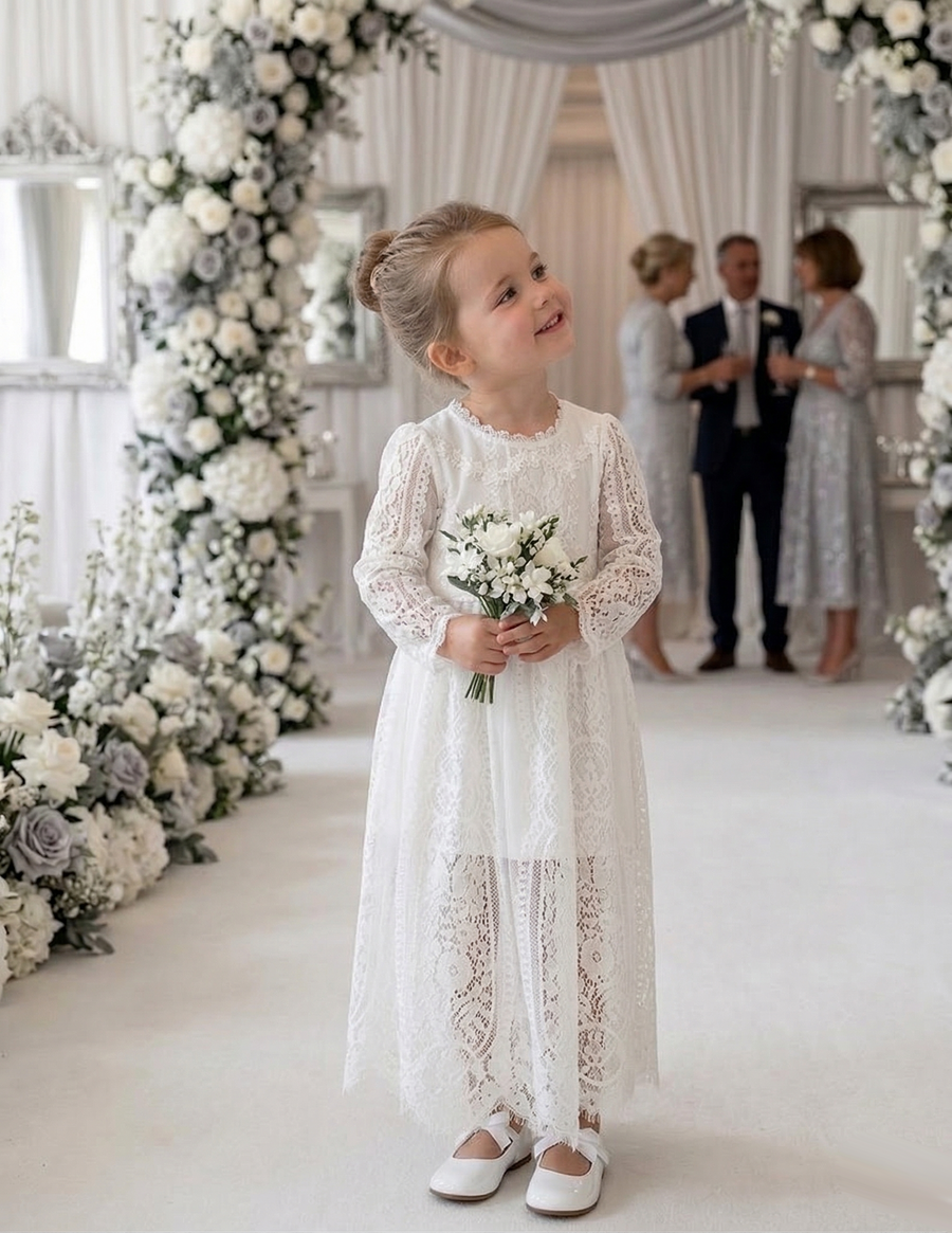 Girls Long White Lace Fairy Dress (2–4 Years) | Vintage Flower Girl & Princess Occasion Gown