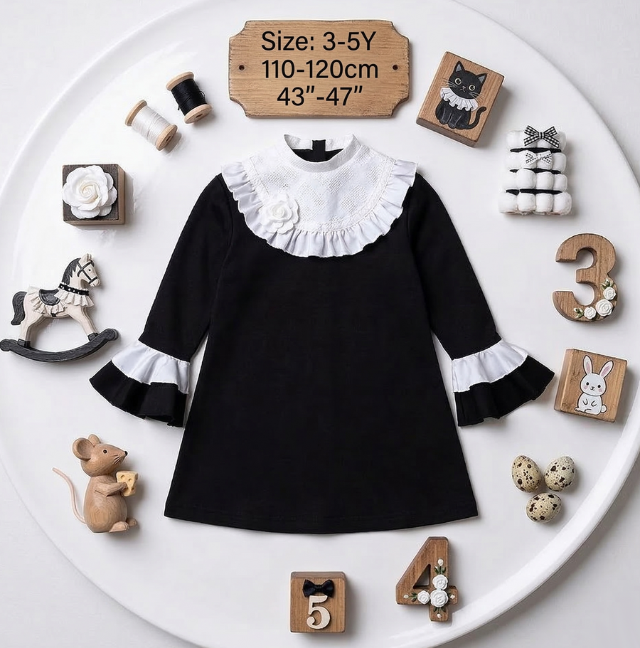 Girls Vintage Black A-Line Dress – Elegant Princess Party Dress for Autumn, Wedding & Special Occasions (Ages 3–5)