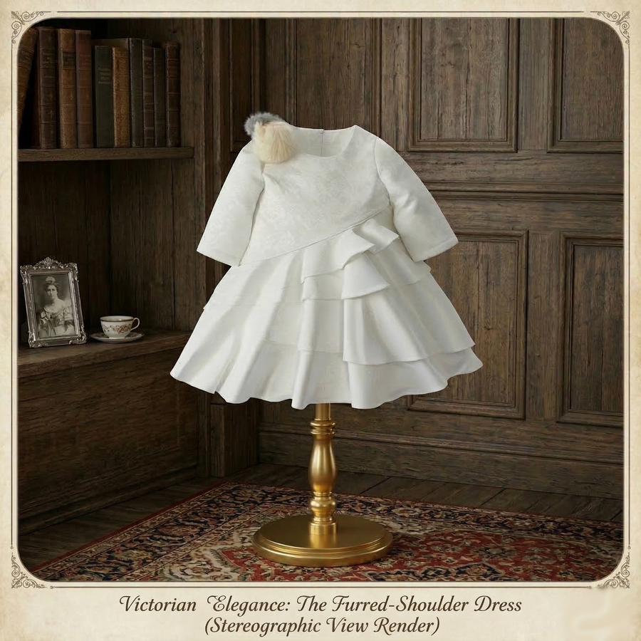 Vintage Flower Girl Dress – Girls White Jacquard Satin Dress with Layered Tulle for Wedding & Special Occasions (Ages 2–10)