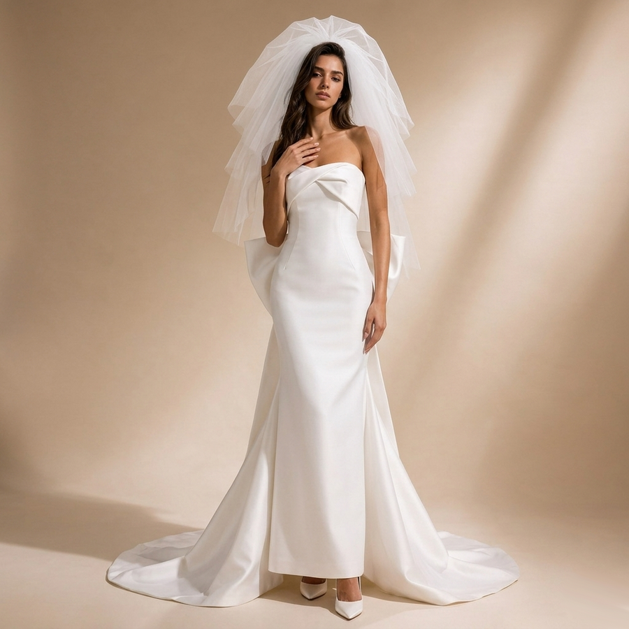 Sculpted Strapless Satin Gown - Minimalist Back Bow Mermaid Wedding Dress