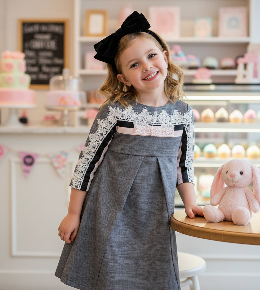 Girls Vintage Lace Dress with 3/4 Sleeves – Elegant A-Line Party & Flower Girl Dress for Weddings & Occasions (Ages 3–9)