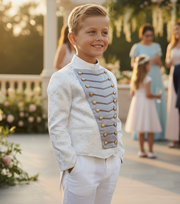 Luxury Boys Brocade Tailcoat Suit – Silver Page Boy Tuxedo Set for Wedding & Formal Occasions (Ages 6–14)