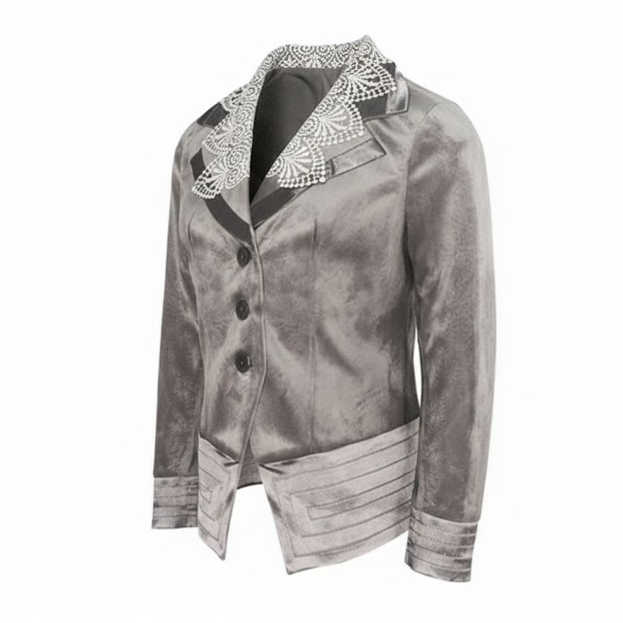 Girls Silver Grey Velvet Blazer with Lace Collar – Vintage Princess Jacket for Weddings, Parties & Formal Wear (Ages 3–10)