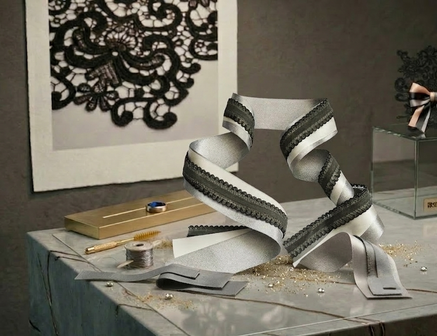 Layered Satin Ribbon Set with Decorative Trim in Silver and Ivory – Refined Styling Detail