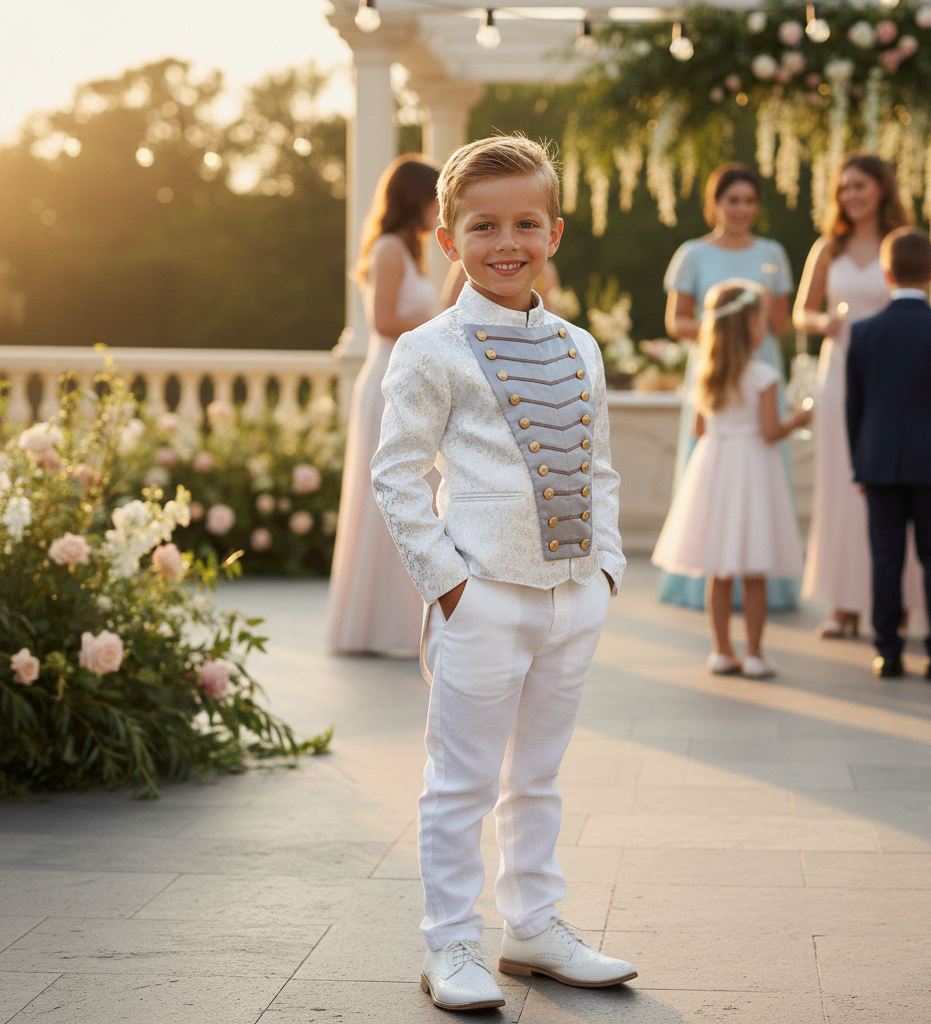 Luxury Boys Brocade Tailcoat Suit – Silver Page Boy Tuxedo Set for Wedding & Formal Occasions (Ages 6–14)