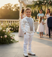 Luxury Boys Brocade Tailcoat Suit – Silver Page Boy Tuxedo Set for Wedding & Formal Occasions (Ages 6–14)