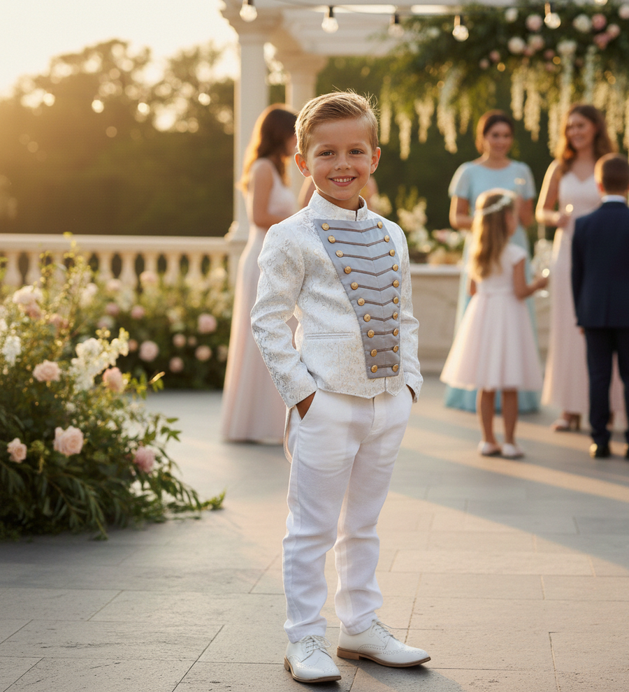 Luxury Boys Brocade Tailcoat Suit – Silver Page Boy Tuxedo Set for Wedding & Formal Occasions (Ages 6–14)