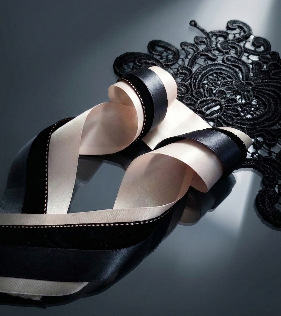 Noire Épure — Blush Structured Lace Set – Blush Satin, Black Textured & Grey Layered Ribbons with Floral Lace Applique for Wedding Decor, Dress Styling & Gift Wrapping