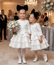 Vintage Flower Girl Dress – Girls White Jacquard Satin Dress with Layered Tulle for Wedding & Special Occasions (Ages 2–10)