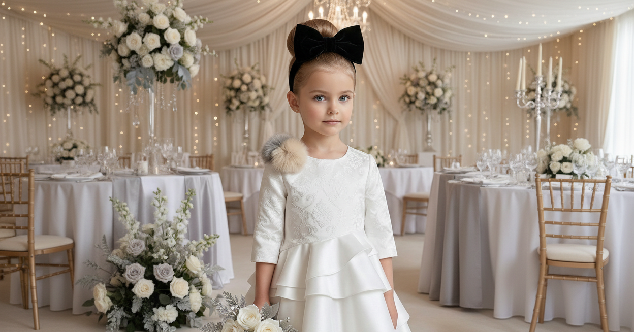 Vintage Flower Girl Dress – Girls White Jacquard Satin Dress with Layered Tulle for Wedding & Special Occasions (Ages 2–10)