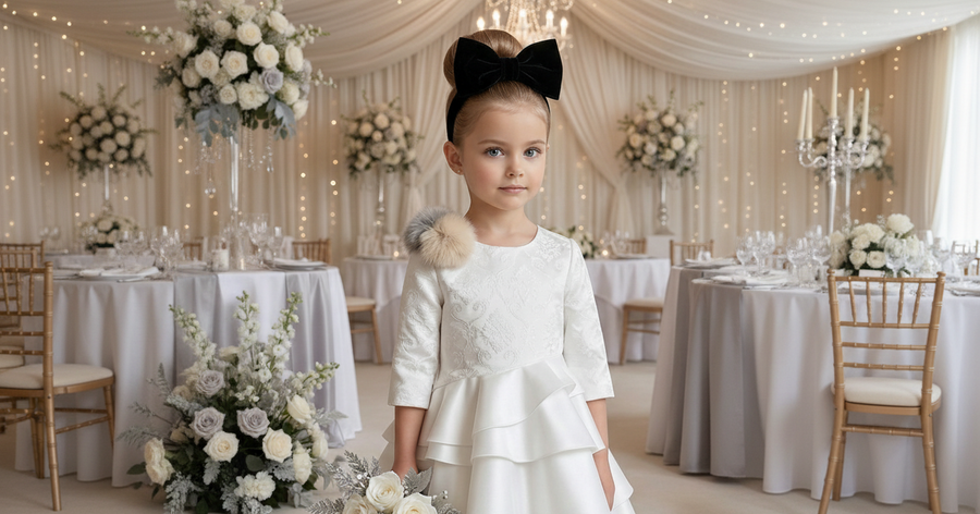 Vintage Flower Girl Dress – Girls White Jacquard Satin Dress with Layered Tulle for Wedding & Special Occasions (Ages 2–10)