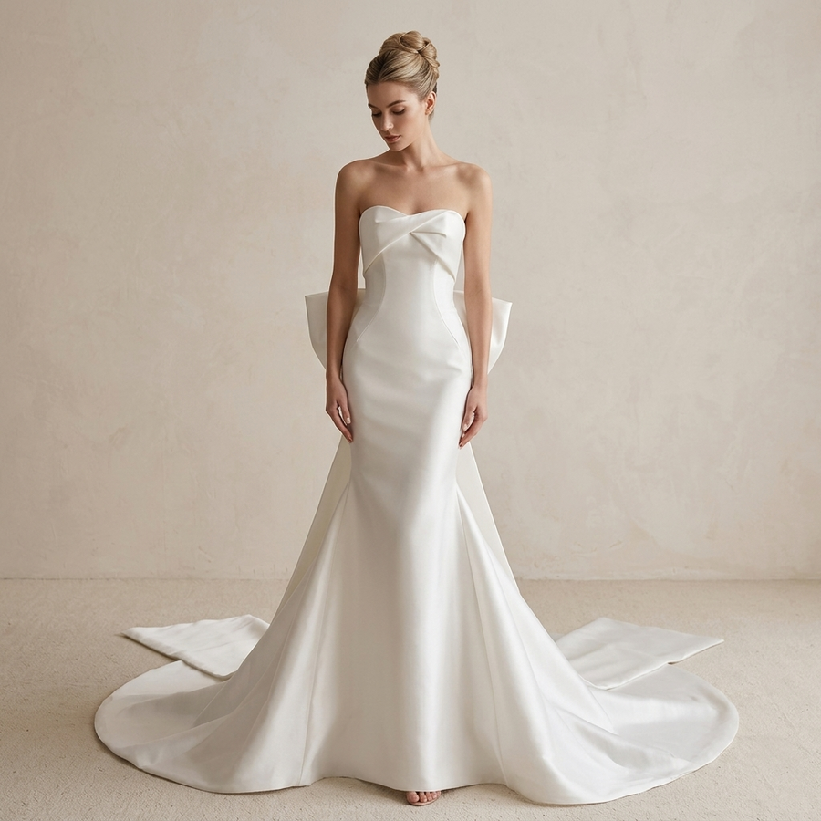 Sculpted Strapless Satin Gown - Minimalist Back Bow Mermaid Wedding Dress