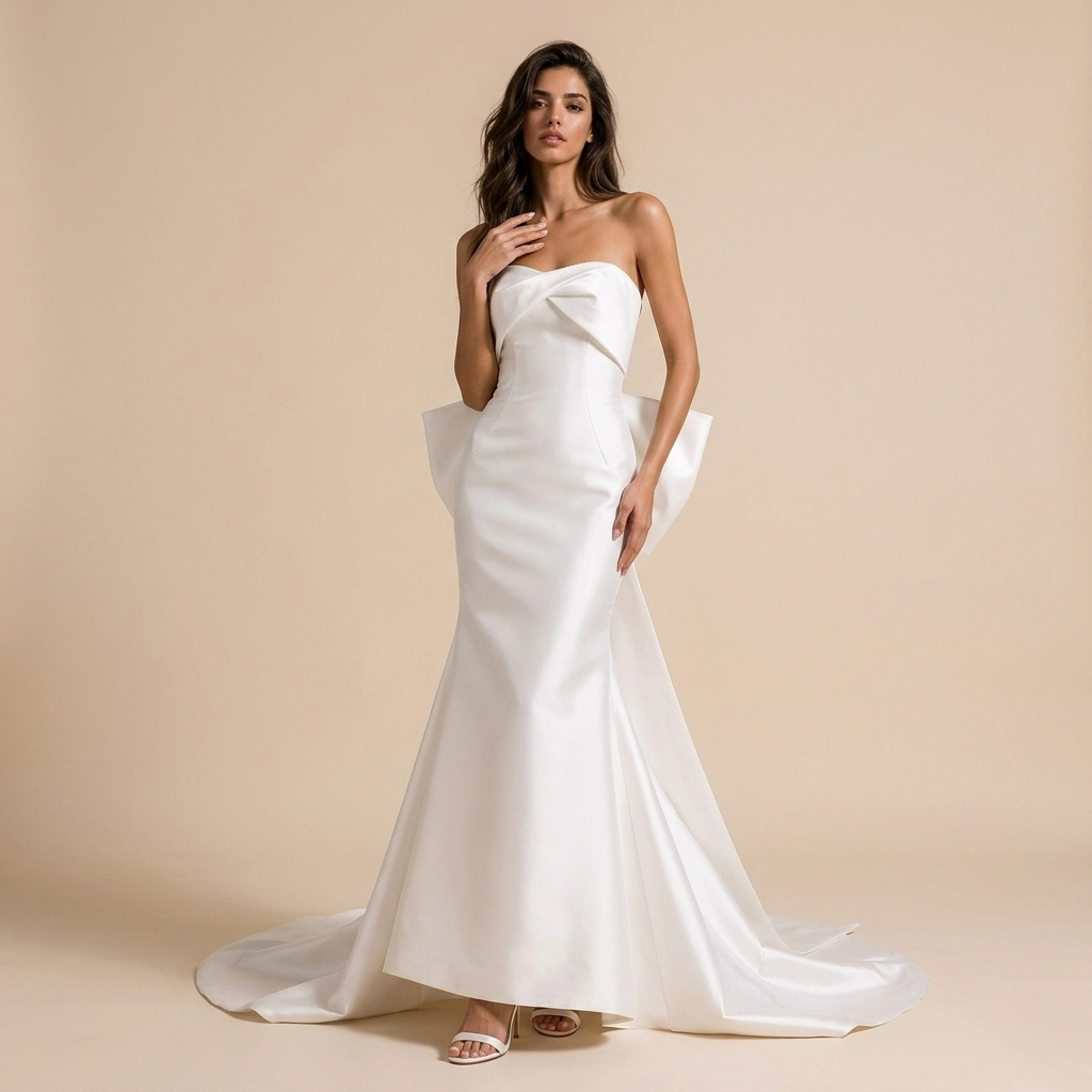Sculpted Strapless Satin Gown - Minimalist Back Bow Mermaid Wedding Dress