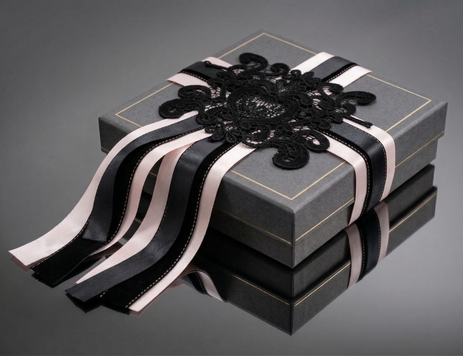 Noire Épure — Blush Structured Lace Set – Blush Satin, Black Textured & Grey Layered Ribbons with Floral Lace Applique for Wedding Decor, Dress Styling & Gift Wrapping