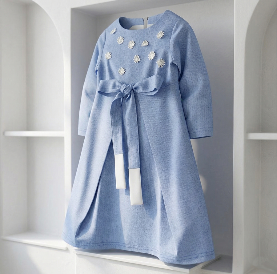 Girls Vintage Blue Cotton Dress with Lining – Elegant Long Princess Dress for Parties & Special Occasions (Ages 3–10)