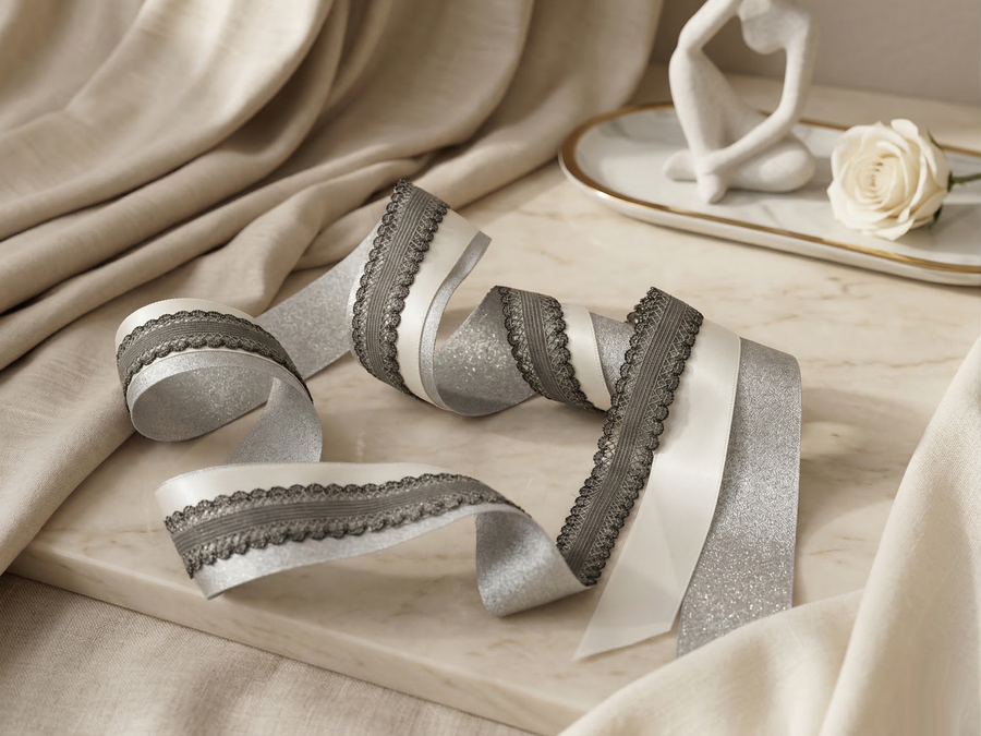 Layered Satin Ribbon Set with Decorative Trim in Silver and Ivory – Refined Styling Detail