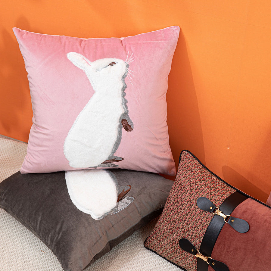 Bunny Embroidered Cushion Cover - Soft Nordic Charm for Home Interiors