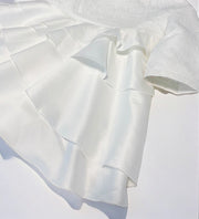 Vintage Flower Girl Dress – Girls White Jacquard Satin Dress with Layered Tulle for Wedding & Special Occasions (Ages 2–10)