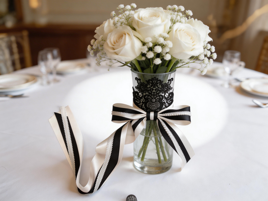 Vintage Lace & Satin Ribbon Set – Elegant Black Applique & Luxury Bow Making Kit for Weddings, Dresses & Gifts