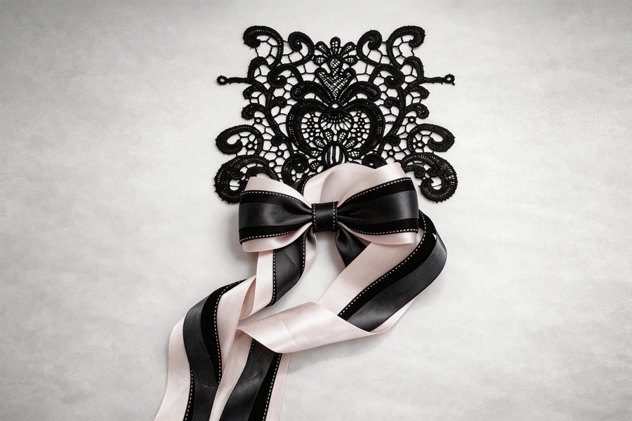Noire Épure — Blush Structured Lace Set – Blush Satin, Black Textured & Grey Layered Ribbons with Floral Lace Applique for Wedding Decor, Dress Styling & Gift Wrapping