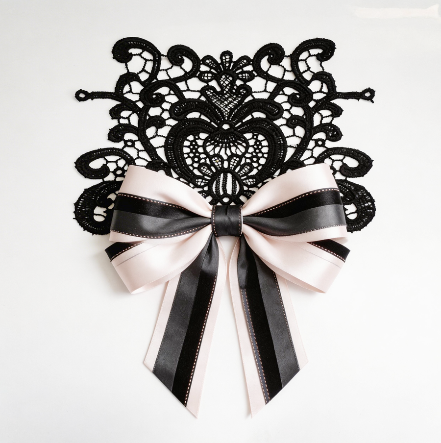 Noire Épure — Blush Structured Lace Set – Blush Satin, Black Textured & Grey Layered Ribbons with Floral Lace Applique for Wedding Decor, Dress Styling & Gift Wrapping