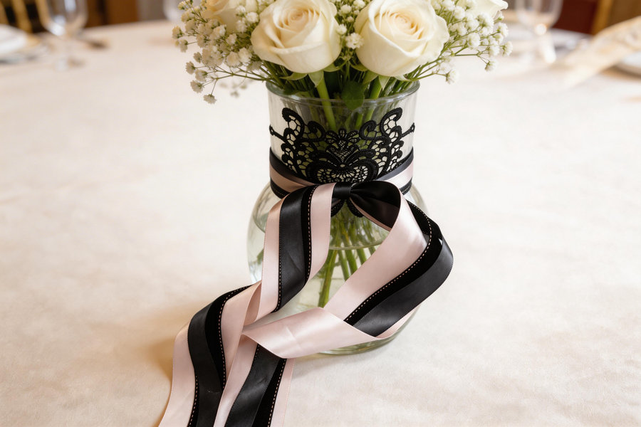 Noire Épure — Blush Structured Lace Set – Blush Satin, Black Textured & Grey Layered Ribbons with Floral Lace Applique for Wedding Decor, Dress Styling & Gift Wrapping