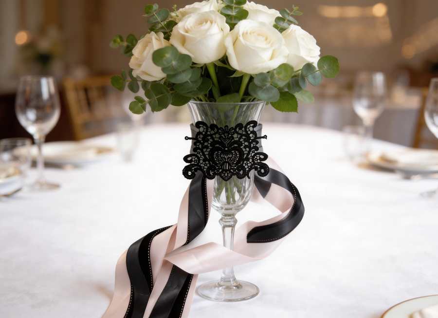 Noire Épure — Blush Structured Lace Set – Blush Satin, Black Textured & Grey Layered Ribbons with Floral Lace Applique for Wedding Decor, Dress Styling & Gift Wrapping