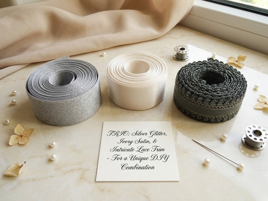 Layered Satin Ribbon Set with Decorative Trim in Silver and Ivory – Refined Styling Detail